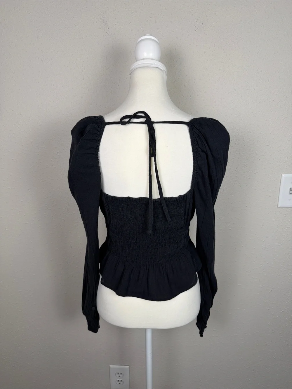 Free People Black Smocked Peplum Top Long Sleeve Cotton Gauze Boho Blouse XS-S